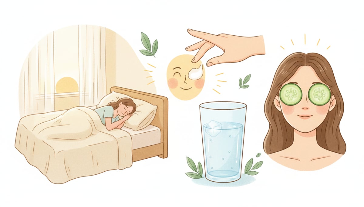 A clean, warm-toned illustration of various elements representing healthy lifestyle habits for skin care. Features include a serene person sleeping peacefully in a bed, a hand applying sunscreen to the face, a clear glass of water, and chilled cucumber slices on eyes. The composition should convey wellness and daily self-care routines. The style is gentle and inviting, not futuristic. Focus on natural beauty and comfort.
