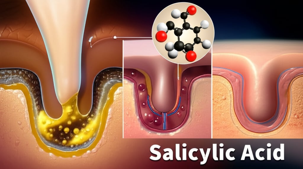 An illustrative image about: A detailed, cinematic macro shot within a human skin pore. A stylized, glowing Salicylic Acid molecu