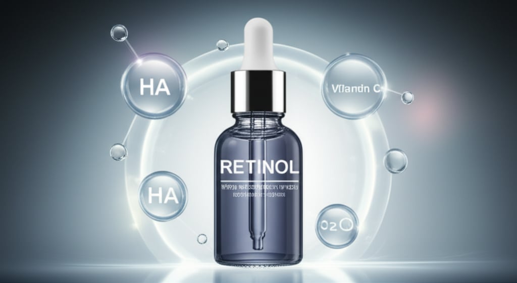 An illustrative image about: A cinematic close-up of a sleek, minimalist dropper bottle with a label clearly showing "**RETINOL**