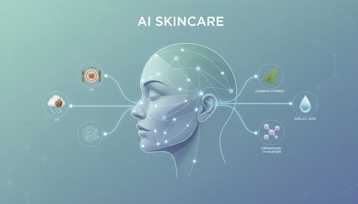 A modern, clean digital illustration showing a person's face being analyzed by subtle, flowing data lines and nodes. On one side, various realistic icons representing lifestyle factors like a sun (UV index), a food plate (diet), a rain cloud (humidity), and a swirling vortex (stress) are connected to the facial analysis by soft, glowing lines. On the other side, icons of specific, natural-looking ingredients such as a botanical leaf (licorice extract), a subtle molecule structure (azelaic acid), and a water droplet (ceramides/hydration) are shown as targeted solutions. The overall image illustrates the process of AI data analysis leading to personalized skincare ingredient recommendations, without any futuristic elements. Text in image: 'AI SKINCARE'