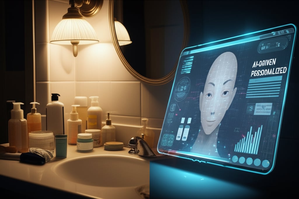 Split image: old, dim bathroom products versus a vibrant, futuristic AI interface for personalized skincare.