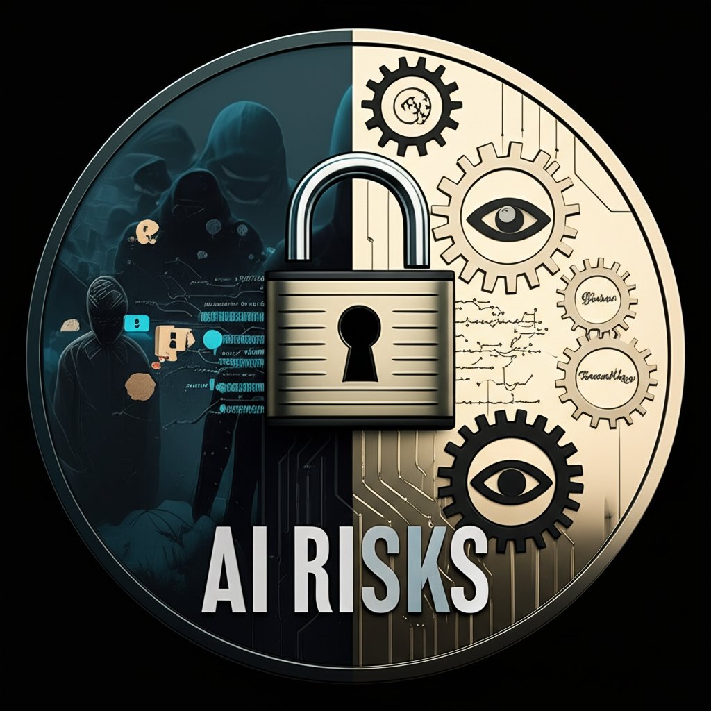 A visually compelling metaphor of a two-sided coin or a balanced scale, representing the risks and responsibilities of AI. One side shows shadowy figures, broken locks, or distorted data visualizations symbolizing privacy concerns, cybersecurity threats, and algorithmic bias. The other side shows elements of ethical frameworks, transparency, and human oversight. The overall mood should be cautionary but emphasize the need for balance and responsibility. Text overlay: "AI RISKS" in large, slightly stark font.