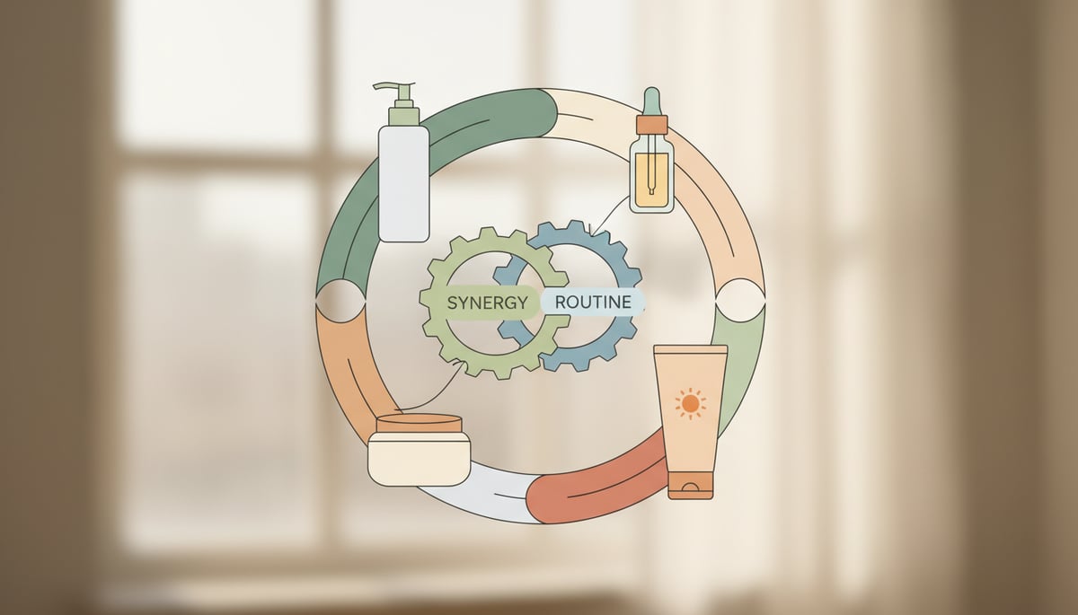 An illustration depicting various minimalist skincare product icons (e.g., a cleanser bottle, a moisturizer jar, a sunscreen tube, a dropper bottle) arranged in a harmonious, interconnected circle or interlocking gears, symbolizing a 'SYNERGY' and 'ROUTINE'. The overall feeling is balanced, efficient, and healthy. Clean, modern, and accessible design. Natural lighting.