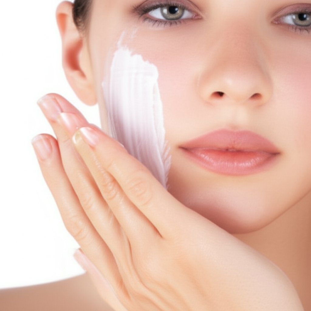 Brightly lit hands apply a nickel-sized amount of white sunscreen evenly onto a person's face, demonstrating proper technique.