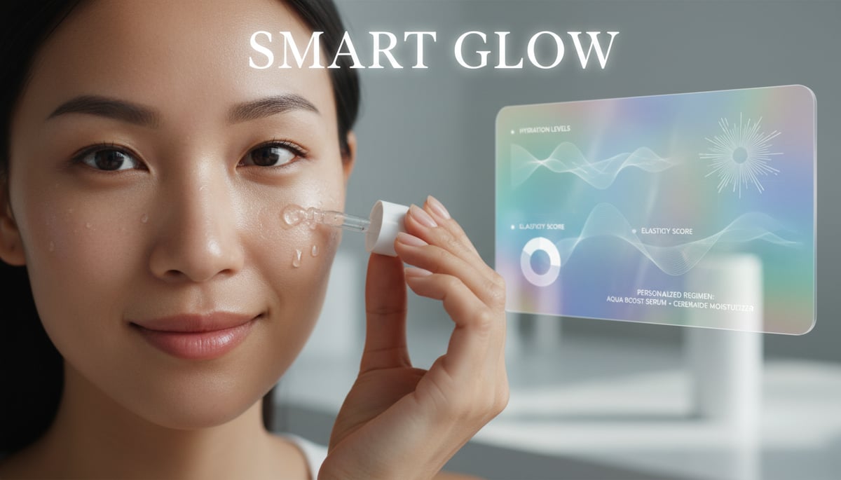 A person with glowing skin using an AI-powered serum