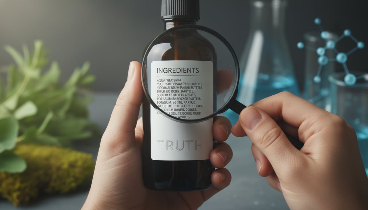 A close-up shot of hands holding a cosmetic product, with a magnifying glass meticulously examining the small text of the INCI (International Nomenclature Cosmetic Ingredient) list on the back label.