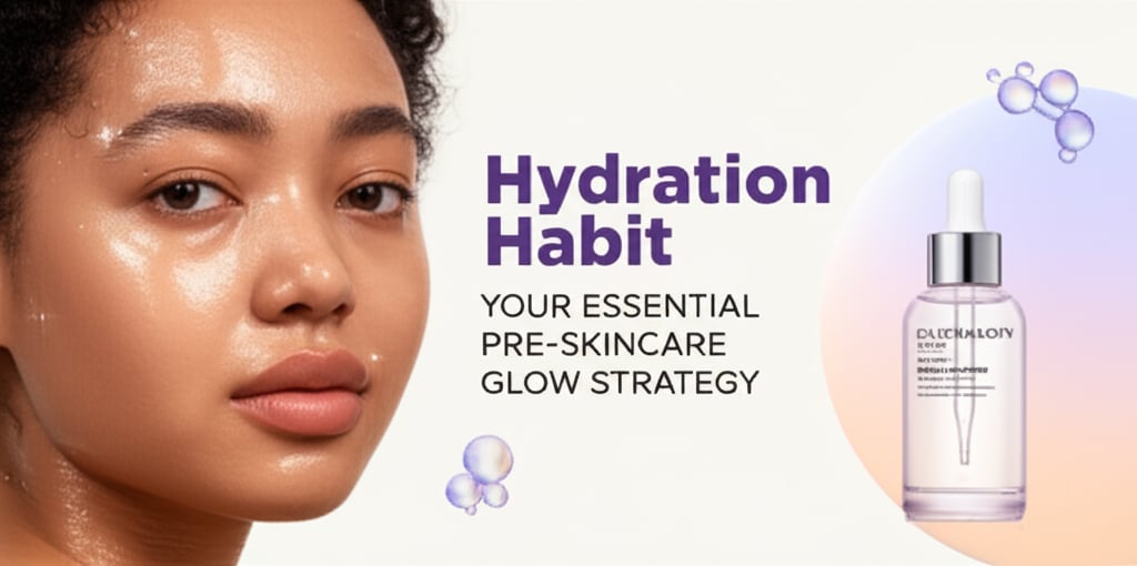 A vibrant image shows a diverse model with glowing, hydrated skin, a skincare bottle, and Hydration Habit text overlay.