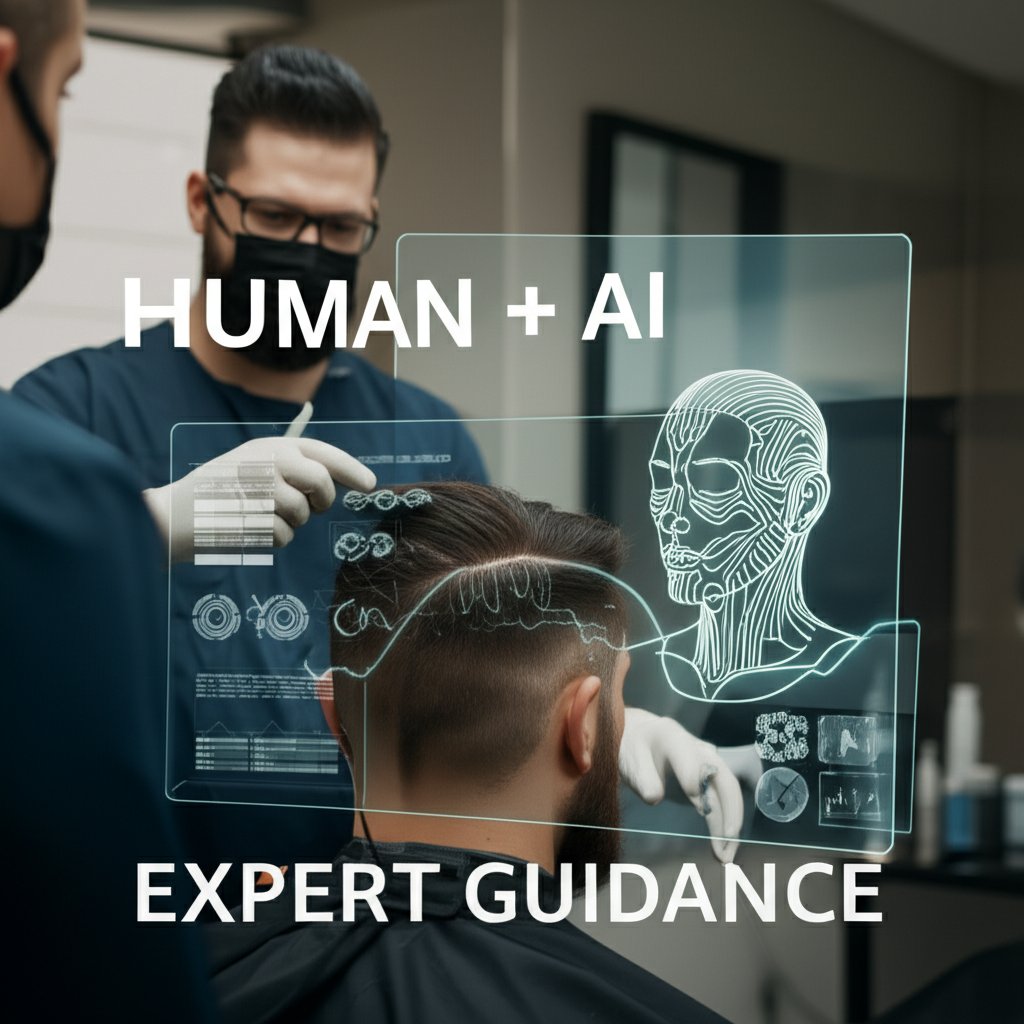 A scene depicting a collaborative effort between a human dermatologist or barber and advanced AI technology. A professional is interacting with a client while simultaneously reviewing AI-generated insights displayed on a sleek, transparent screen. The image should balance human touch and expertise with data-driven AI, featuring 'HUMAN + AI' and 'EXPERT GUIDANCE' in prominent fonts, signifying partnership and trust.