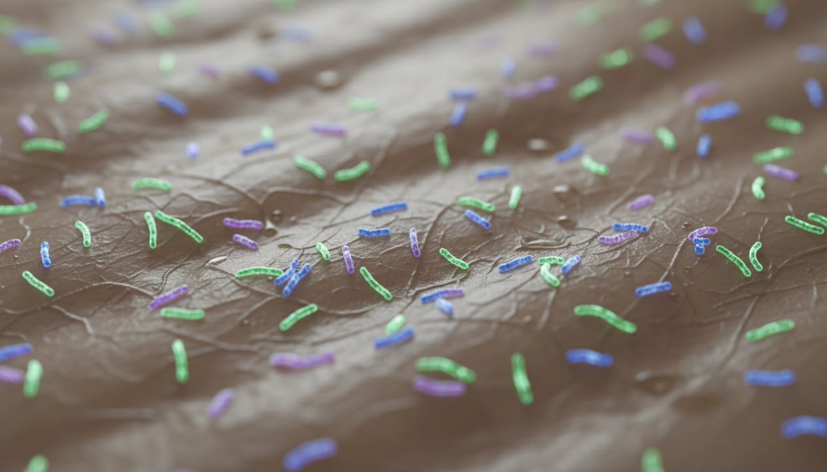 A hyper-realistic, macro-level close-up of healthy human skin, showcasing its intricate, hydrated texture. On the skin's surface, a vibrant, diverse ecosystem of microscopic, bioluminescent beneficial bacteria thrives, depicted as a shimmering, protective 'microbial garden' with soft glows of emerald green, sapphire blue, and amethyst purple. The skin's barrier layer is visibly robust and intact, resembling a perfectly woven, resilient shield, radiating a subtle, healthy sheen. Tiny, nourishing serum droplets are gently absorbed into the skin, creating delicate ripples that enhance the vitality of both the skin barrier and the glowing microbiome. The atmosphere is serene and nurturing, emphasizing natural balance and protective vitality.