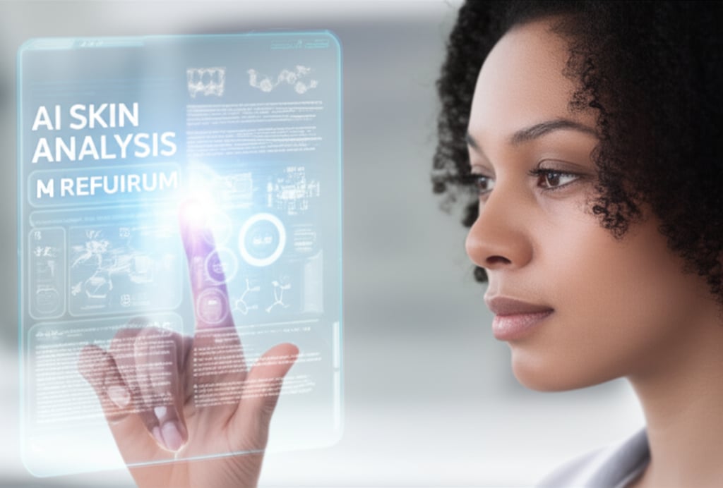 An illustrative image about: A close-up, high-tech shot of a diverse woman's face interacting with a glowing, holographic AI inte