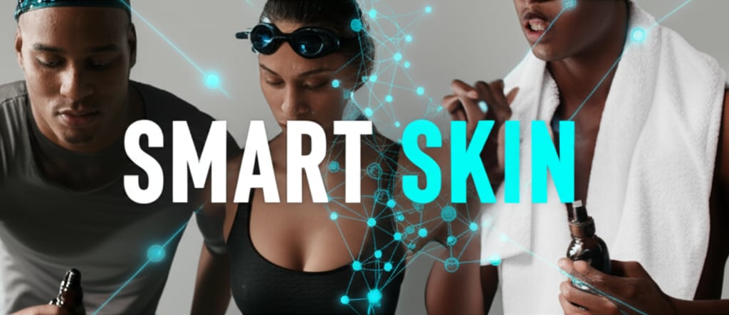 Athletes using skincare products with abstract AI patterns integrated.