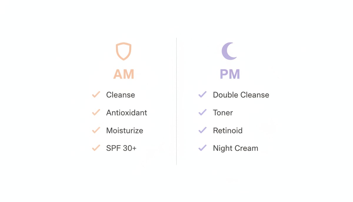 Two-column checklist infographic comparing AM routine steps with shield icon and PM routine steps with moon icon
