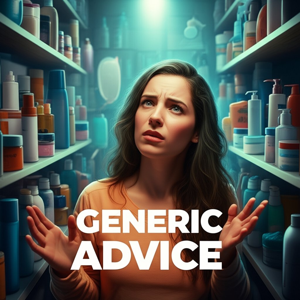 An illustrative image about: A person with a frustrated expression navigating a metaphorical skincare labyrinth, surrounded by nu