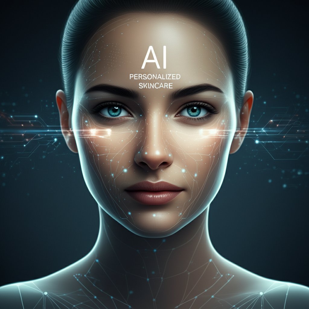 Futuristic digital art representing AI transforming skincare. A radiant, healthy face is subtly overlaid with intricate data patterns and glowing lines, emphasizing precision and personalization. Text in image: AI PERSONALIZED SKINCARE. Style: sleek, modern, with a soft glow.