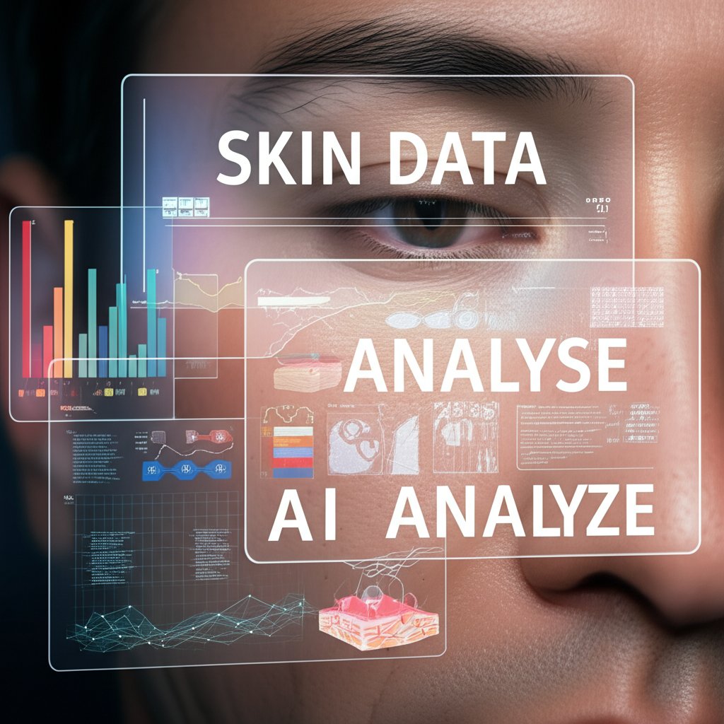 A highly detailed, almost microscopic view of a man's skin, augmented with holographic overlays and data visualizations. Transparent digital panels display 'SKIN DATA' and 'AI ANALYZE' in large fonts, showing intricate details like pore size, hydration levels, and areas of sun damage or redness. The image conveys precision and in-depth AI analysis of skin health.