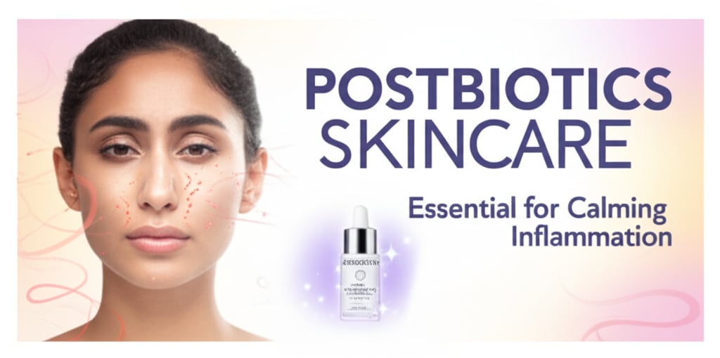 Horizontal split-screen contrasting inflamed skin with clear, calm skin, featuring a Postbiotics Skincare product and text.