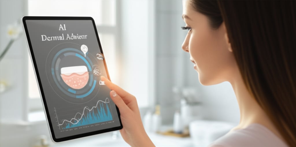 An illustrative image about: A serene, clear-skinned woman looking at a tablet or smart mirror, which displays a personalized, ev