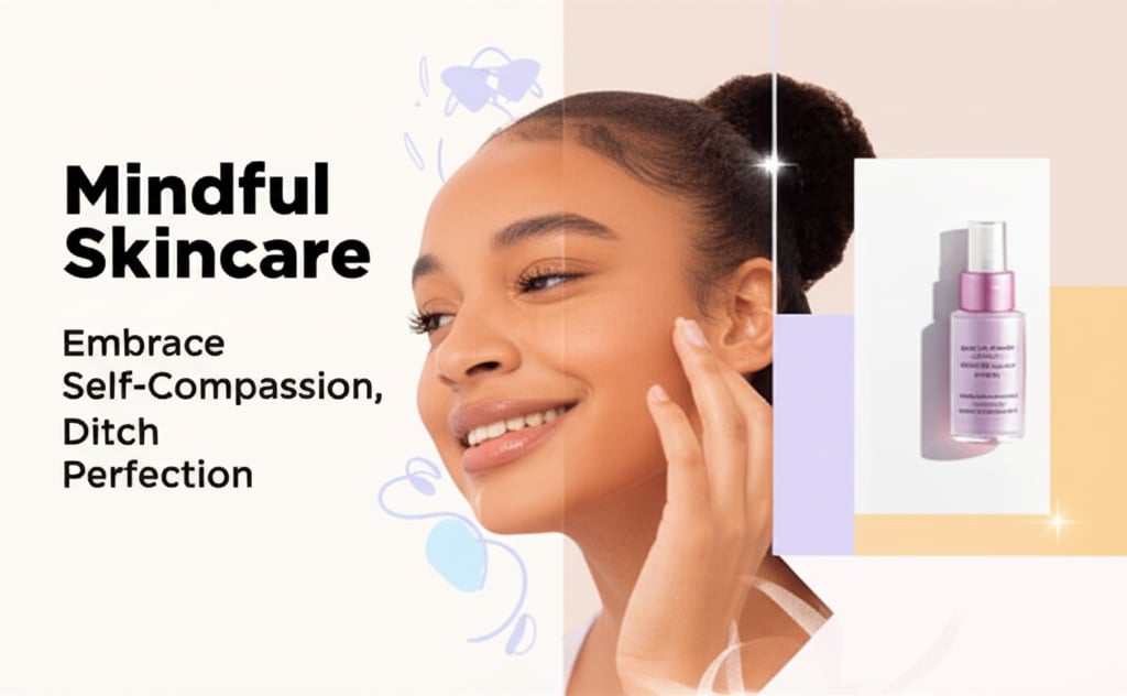 A split-screen image shows a diverse model shifting from self-doubt to joyful self-compassion with skincare, featuring 'Mindful Skincare' text.