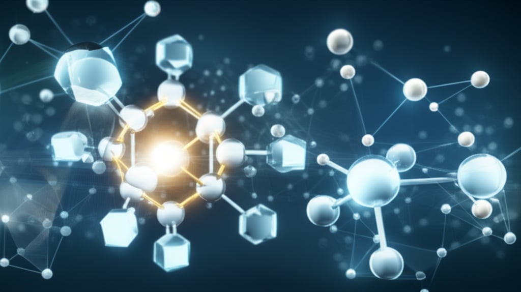 Precision scientific visualization of skincare ingredients, featuring glowing molecules and data points analyzing their efficacy.