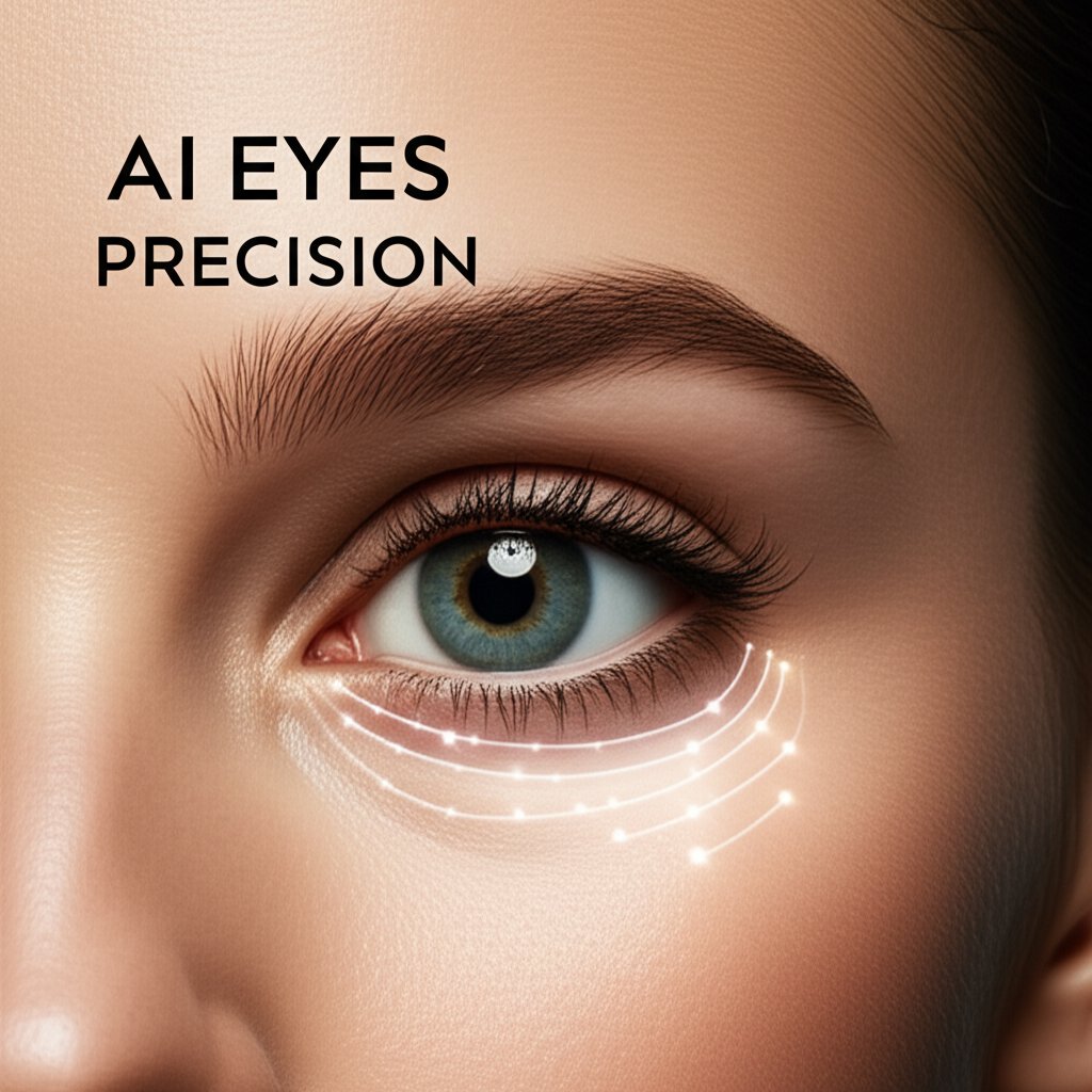 A close-up, elegant shot of a serene eye area with subtly glowing lines indicating precise energy targeting the skin and underlying muscles. The skin looks smooth, firm, and rejuvenated, free from lines or dark circles. Text in image: AI EYES PRECISION. Style: refined, sophisticated, gentle light.