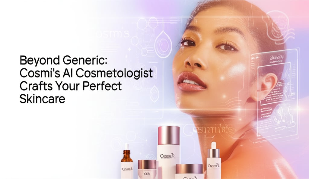 A radiant woman interacts with Cosmi's AI, surrounded by glowing digital elements, custom skincare, and headline text.
