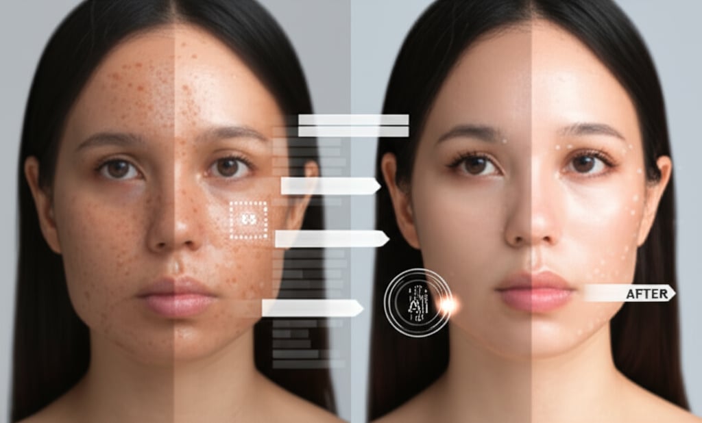 An illustrative image about: A split image showing a woman's face (Sarah) before and after using an AI-powered skincare system, t