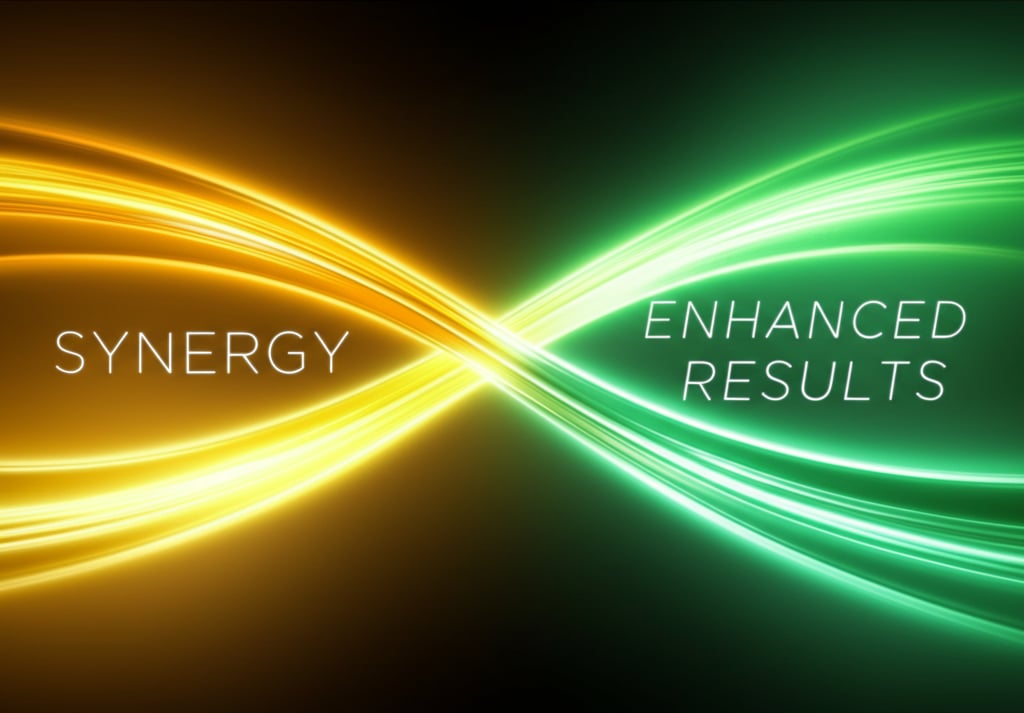 An illustrative image about: An abstract, visually stunning representation of synergy. Two distinct, radiant streams of light – o