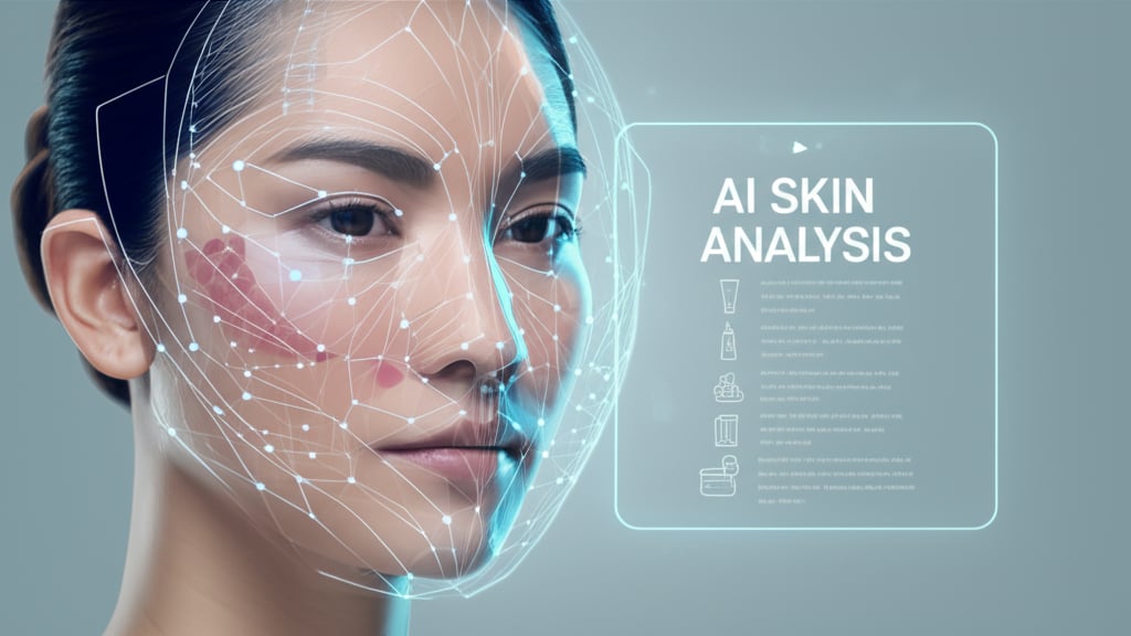 An illustrative image about: A futuristic, clean studio shot of a person's face being digitally scanned by a soft, glowing AI int