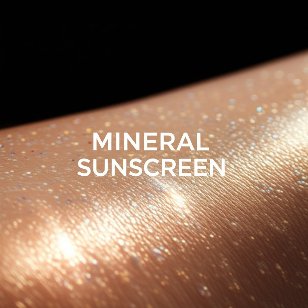 An illustrative image about: A cinematic close-up of healthy skin being protected by a translucent, shimmering mineral barrier. M