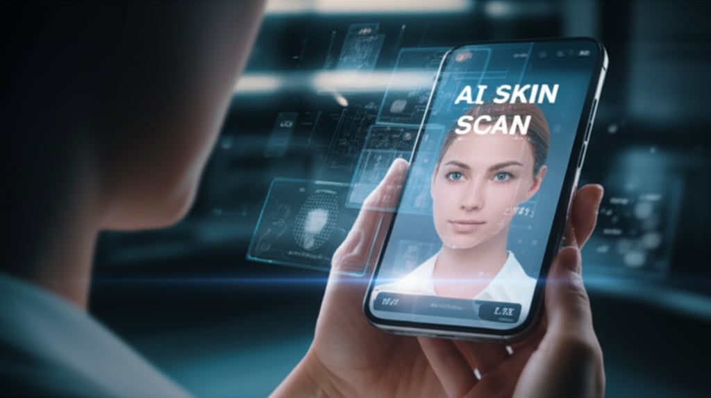 An illustrative image about: A close-up, high-tech shot of a woman looking at a sleek smartphone displaying a detailed, glowing A