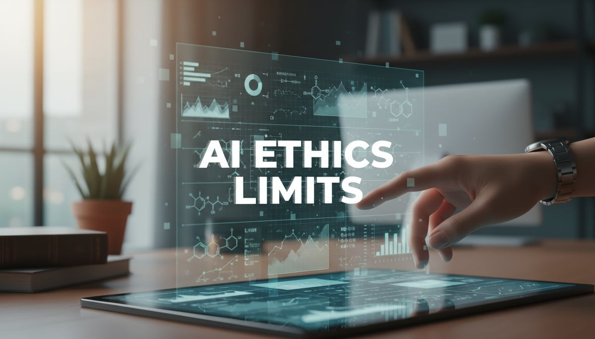 A human hand carefully inspecting a digital interface displaying skincare data, with subtle visual distortions or missing data segments indicating limitations. Overlayed on the screen, in large, clear fonts, are the words 'AI ETHICS' and 'LIMITS'. The background is a soft-focus, professional office environment. The image emphasizes critical thinking and the 'fine print' aspect of technology, without any futuristic elements. Realistic digital illustration, warm lighting.