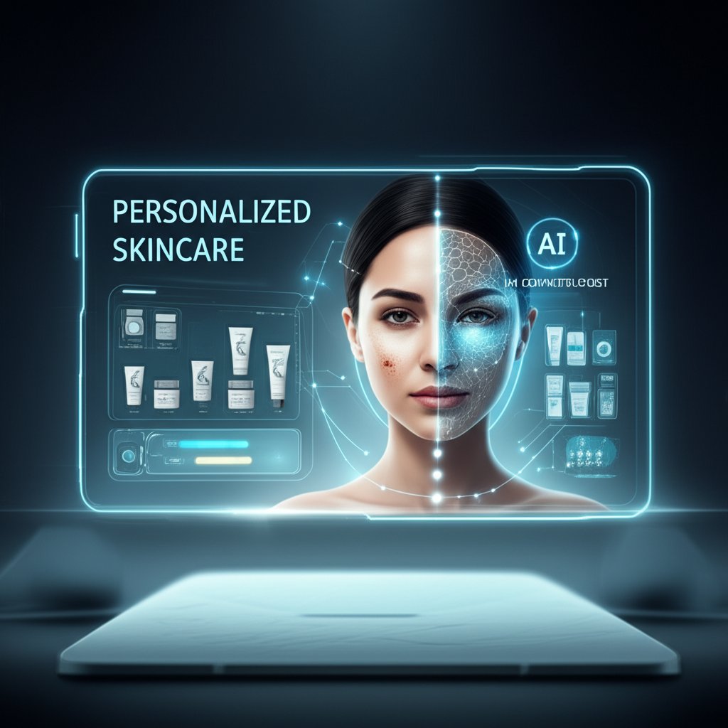 An illustrative image about: A futuristic and clean image of a digital interface displaying a personalized skincare routine, with