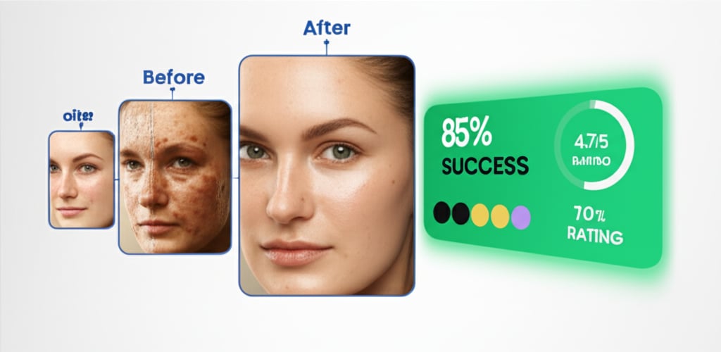 An illustrative image about: A modern infographic style. A timeline shows a woman's face transforming from before (dull skin) to