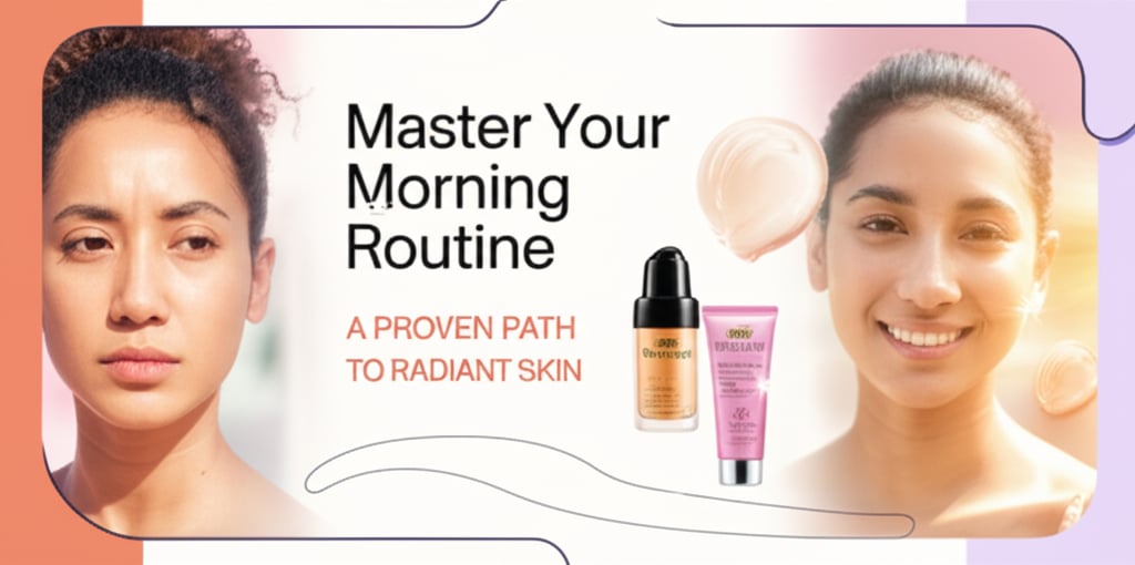 A vibrant split-screen shows a woman's skin transformation from concerned to radiant, with skincare products and 'Master Your Morning Routine' text.