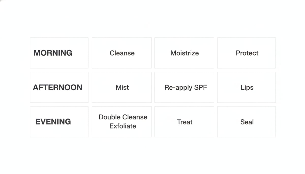 3x4 minimalist infographic grid showing the 12-step Cosmi routine scaffold acros