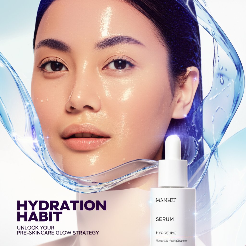 A radiant woman with dewy skin, framed by flowing blue hydration graphics, a sleek serum bottle, and 'Hydration Habit' text.
