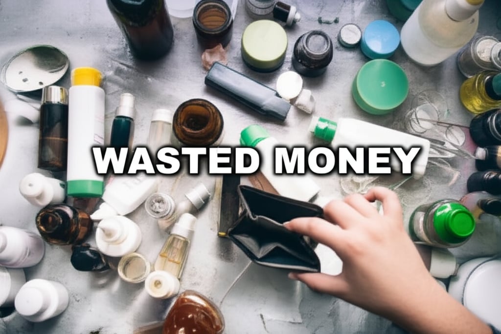 An illustrative image about: A hyper-realistic, overhead shot of a cluttered, dusty bathroom vanity. Scattered across it are nume