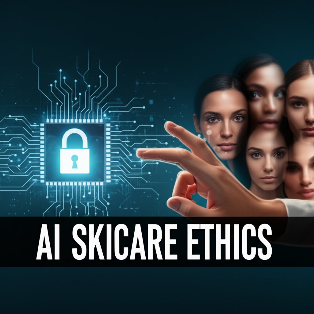 A balanced composition illustrating the benefits and challenges of AI in skincare. On one side, sleek, glowing AI technology (e.g., stylized chip or network) representing precision and data. On the other side, visual metaphors for challenges: a padlock for data privacy, diverse faces (some slightly obscured) symbolizing algorithmic bias concerns. A human hand (a dermatologist's) gently overseeing or interacting with the system, representing the crucial 'human element'. Bold text overlay: "AI SKICARE ETHICS".