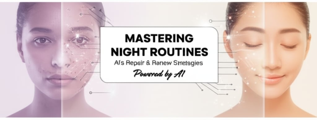A split image displays a fatigued person and a radiant, AI-enhanced person with glowing skin, representing night routine beauty solutions.