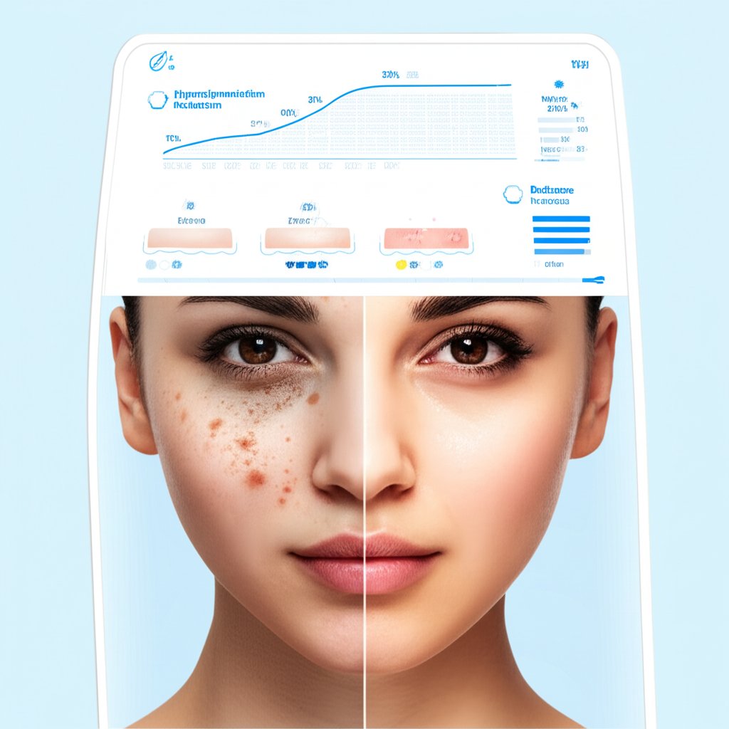 An illustrative image about: A sleek, modern digital interface screen displaying a comprehensive 'before and after' skincare prog
