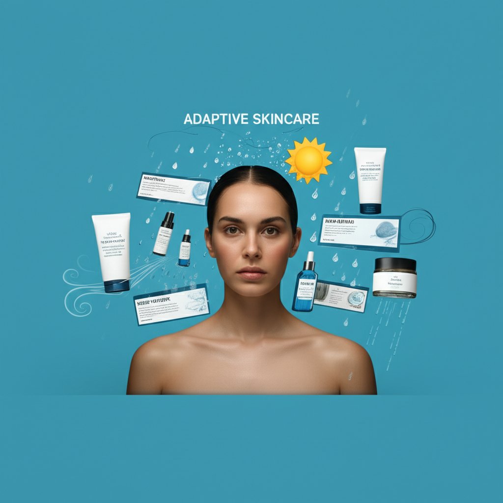 A dynamic composition showing a person's face in the center, surrounded by visual cues representing changing environmental conditions like sun, rain, and wind. Various skincare product bottles are depicted with digital screens showing personalized ingredient recommendations adapting to these conditions. Text overlay on image: "ADAPTIVE SKINCARE".