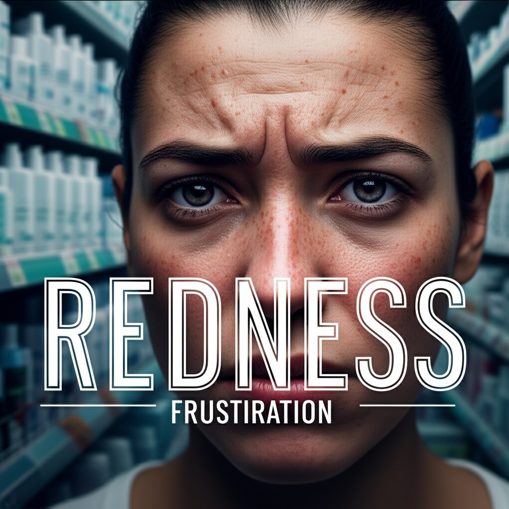 A close-up of a person's face (unisex, diverse ethnicity) displaying subtle yet persistent skin redness and irritation, with a look of mild frustration or bewilderment. In the background, a blurred, confusing maze or a shelf filled with identical, generic skincare bottles. Overlaid text in a prominent, stylish font: "REDNESS" and "FRUSTRATION". The overall mood is slightly somber but hopeful for a solution.