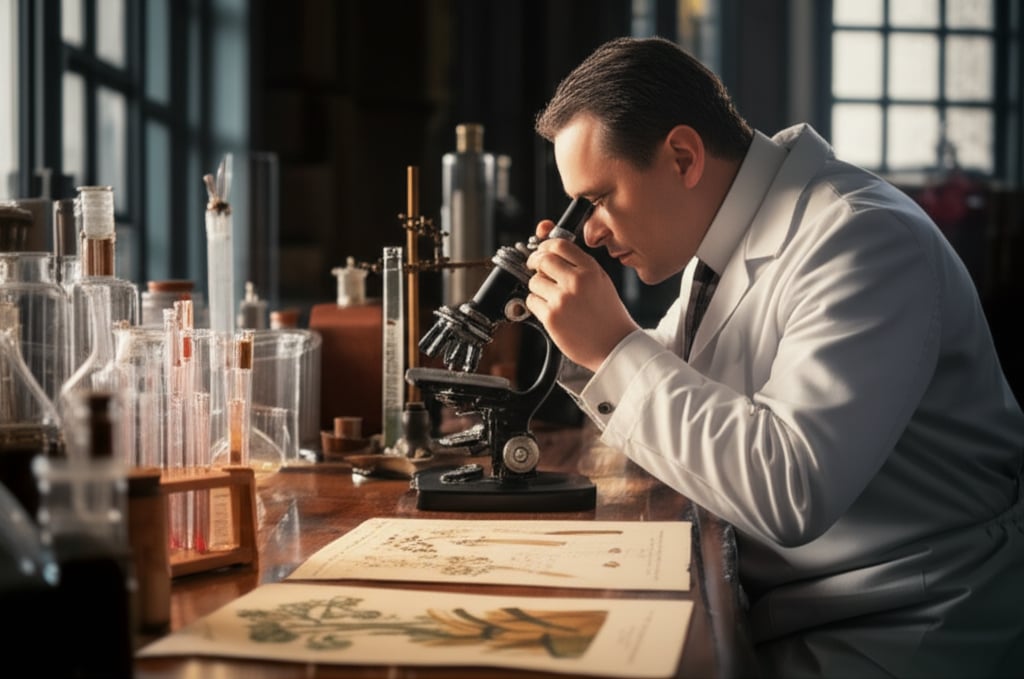 An illustrative image about: A vintage laboratory setting, reminiscent of the late 19th or early 20th century. A focused scientis