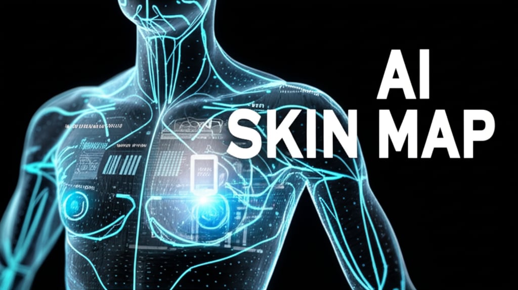 A futuristic, clean image of a human torso (abstract and stylized, not graphic) with glowing data points and lines flowing across the skin, connecting to a central AI interface. The interface shows dynamic charts, graphs, and stylized representations of 'intrinsic' and 'extrinsic' factors. A subtle smartphone camera icon integrated to suggest visual input. Bold text overlay: "AI" and "SKIN MAP".