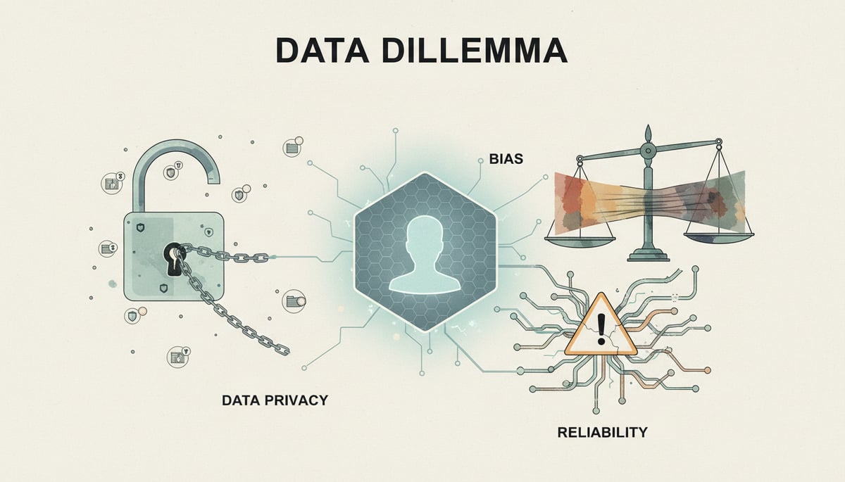 A conceptual illustration depicting the challenges in AI skincare, using a balanced yet complex composition. In the center, a subtly glowing data grid or a stylized user profile is surrounded by three distinct, interconnected visual metaphors: 1) A semi-transparent padlock with chains, representing 'DATA PRIVACY', partially open but still with a sense of vulnerability, surrounded by tiny, secure-looking data bits. 2) An unbalanced set of scales or a group of diverse human skin tone swatches with some visibly distorted or shaded differently, symbolizing 'BIAS' in algorithmic representation. 3) A 'caution' or 'warning' sign embedded within a network of complex, sometimes broken, data connections, representing 'RELIABILITY' issues or limitations. The color palette is muted but informative, focusing on transparency and caution, with no futuristic elements. Text in image: 'DATA DILEMMA'