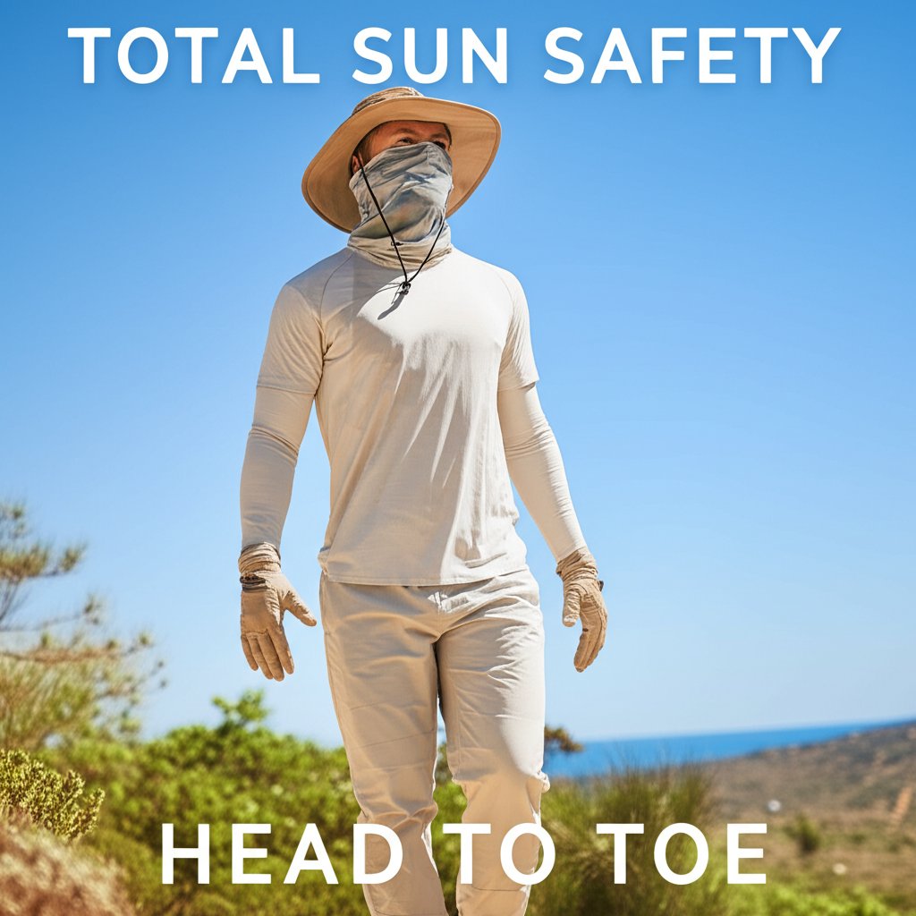 Person wearing head-to-toe sun protection