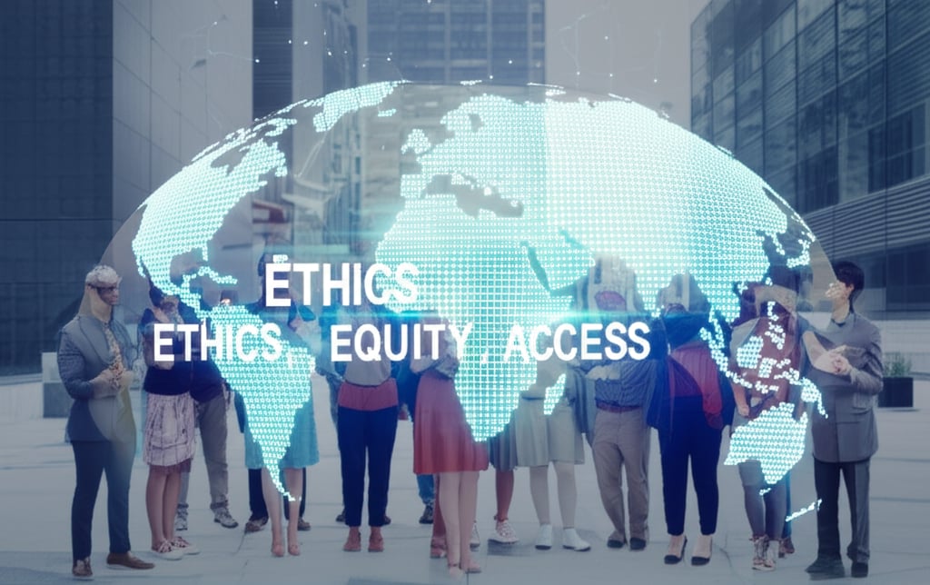 A diverse group of people from various backgrounds and ethnicities standing together in a modern city square, looking at a large, transparent digital globe displaying a world map. The map highlights data coverage and significant gaps, particularly in underserved regions. Hands from different individuals reach out, some touching data streams, symbolizing collaboration and the bridging of digital divides. A subtle, glowing AI neural network pattern forms a background motif. Text overlay in large, bold fonts: ETHICS, EQUITY, ACCESS.