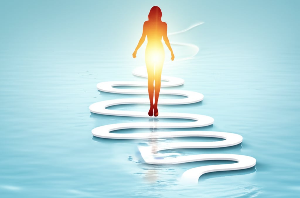 A luminous pathway from glowing water guides to a radiant figure, symbolizing hydration's transformative journey to healthy skin.