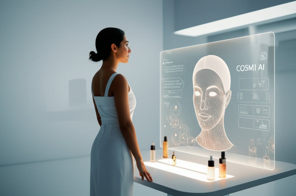 An illustrative image about: A futuristic, elegant scene of a woman (diverse, 30s) standing in a minimalist white-tech room. She 