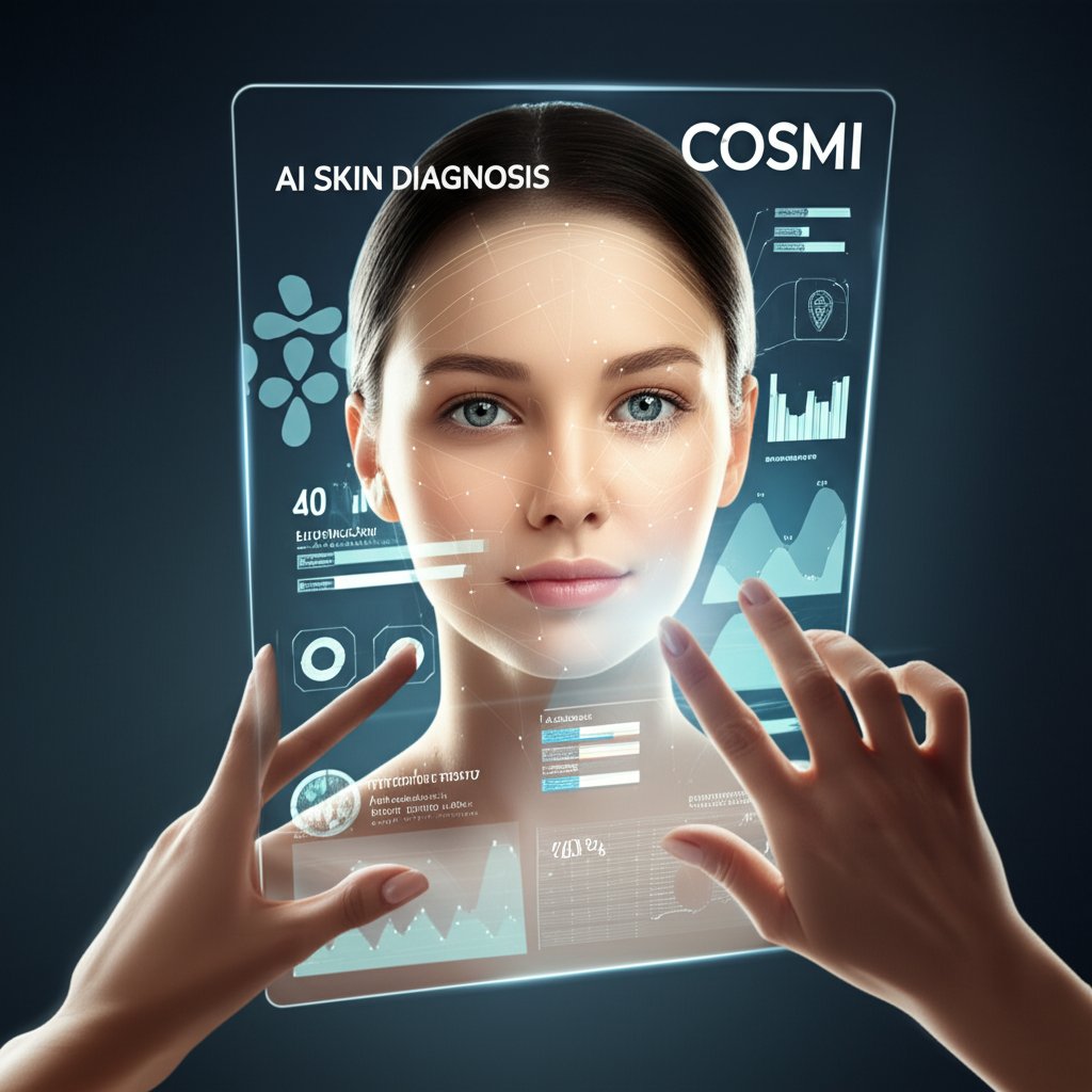 An illustrative image about: A futuristic transparent tablet or large screen displays a sophisticated "AI SKIN DIAGNOSIS" report 
